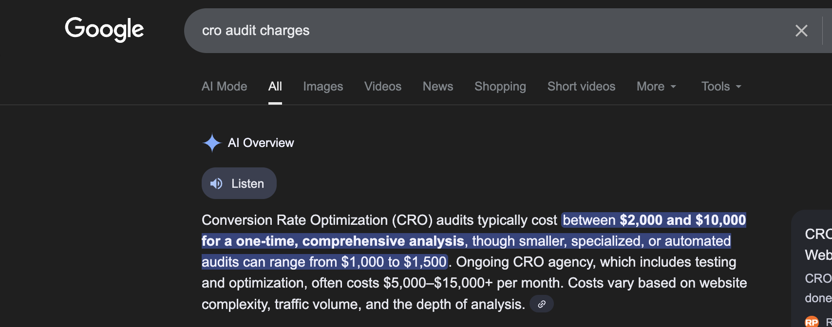 Google search results showing CRO audit pricing: $2,000-$10,000 for comprehensive audits, $1,000-$1,500 for smaller audits